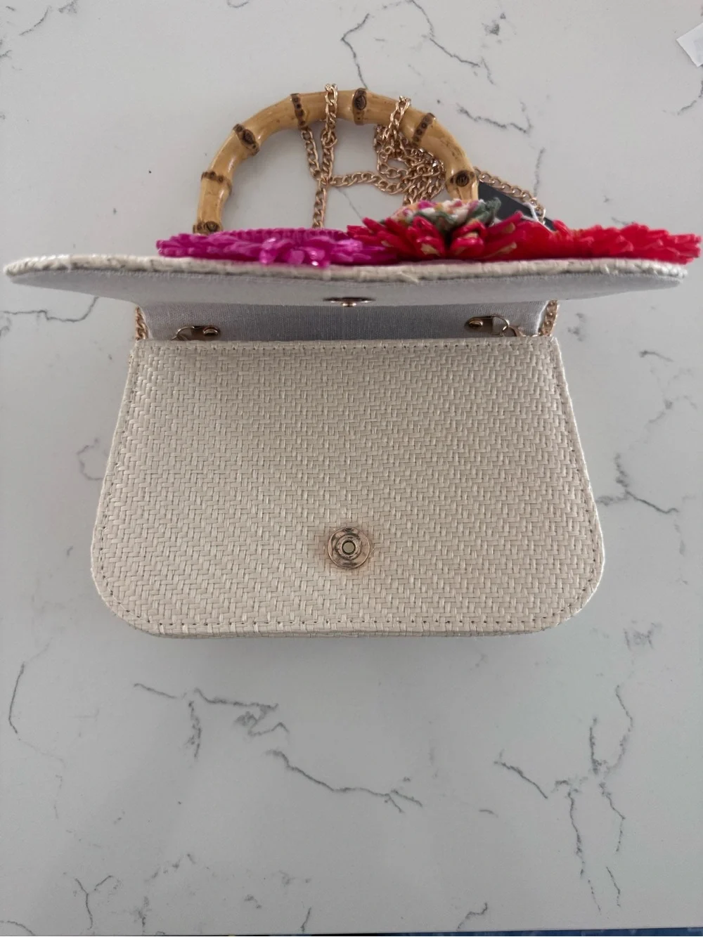 NWT Haute Hippie Floral Woven Bamboo Handle Crossbody Bag Cream - Picture 3 of 5